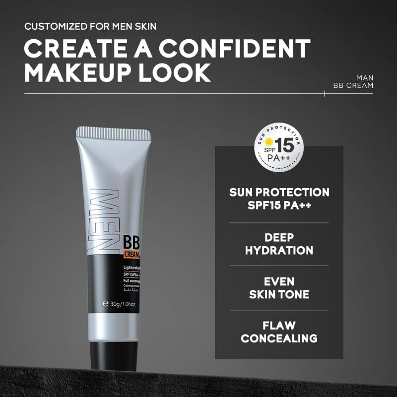 Hydrating Men BB Cream SPF 15 PA++, Full-Coverage Foundation&Concealer, Mens Face Moisturizer Cream Evens Skin Tone, Oil Control and Cover Flaws, Natural Finish for All Skin Types, Light 160