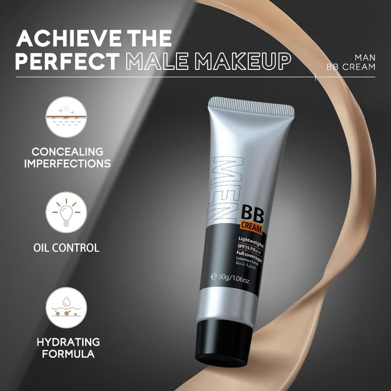 Hydrating Men BB Cream SPF 15 PA++, Full-Coverage Foundation&Concealer, Mens Face Moisturizer Cream Evens Skin Tone, Oil Control and Cover Flaws, Natural Finish for All Skin Types, Light 160