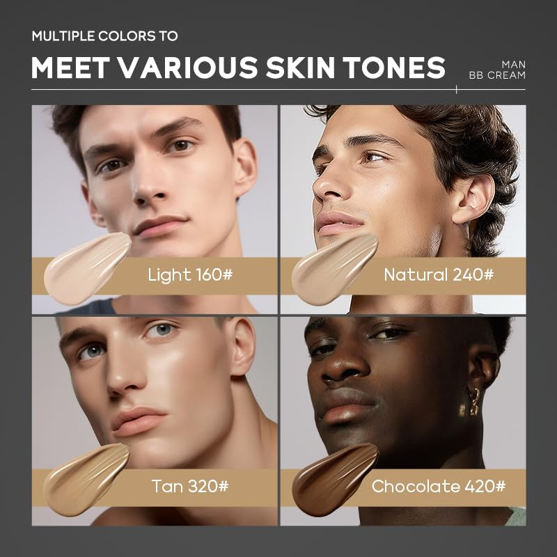 Hydrating Men BB Cream SPF 15 PA++, Full-Coverage Foundation&Concealer, Mens Face Moisturizer Cream Evens Skin Tone, Oil Control and Cover Flaws, Natural Finish for All Skin Types, Light 160