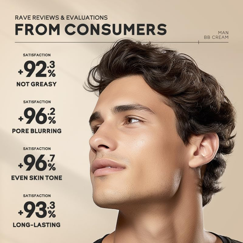 Hydrating Men BB Cream SPF 15 PA++, Full-Coverage Foundation&Concealer, Mens Face Moisturizer Cream Evens Skin Tone, Oil Control and Cover Flaws, Natural Finish for All Skin Types, Light 160